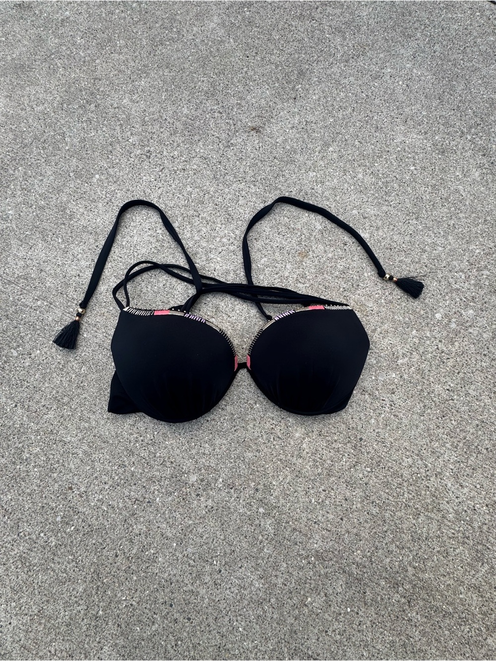 Victoria's Secret Black Padded Halter Bikini Top with Pink Trim